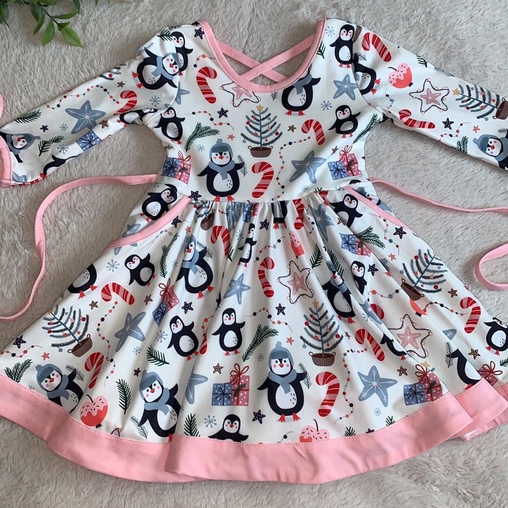 NWT Cheeky Plum Penelope Dress 12-18M Holiday Penguins Christmas